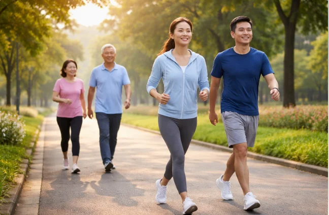Kelompok lansia aktif berjalan bersama di taman kota